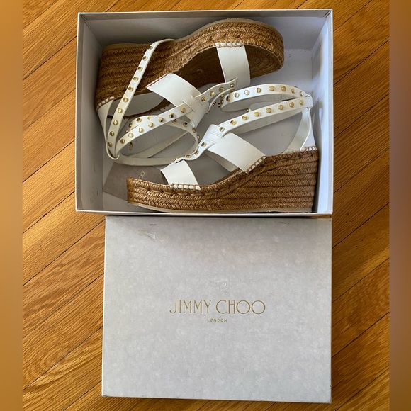 JIMMY CHOO Women’s Danica Studded Leather Wedge Espadrille Sandals White 38.5